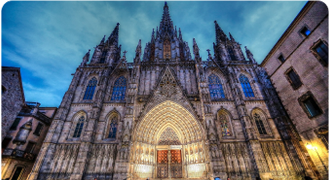 Barcelona cathedral at sunset with blue sky